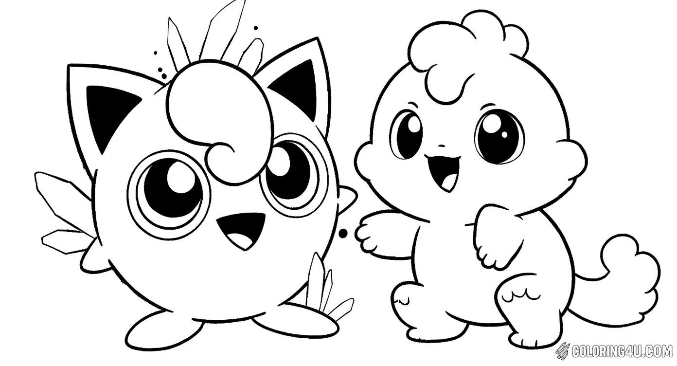 Dive into the adorable world of Jigglypuff from Pokémon as it stands cheerfully with its friend Cleffa perched playfully on its head. This charming coloring page invites kids to add a splash of color to these beloved characters surrounded by sparkling crystals, perfect for Pokémon fans to enjoy a creative and fun time.