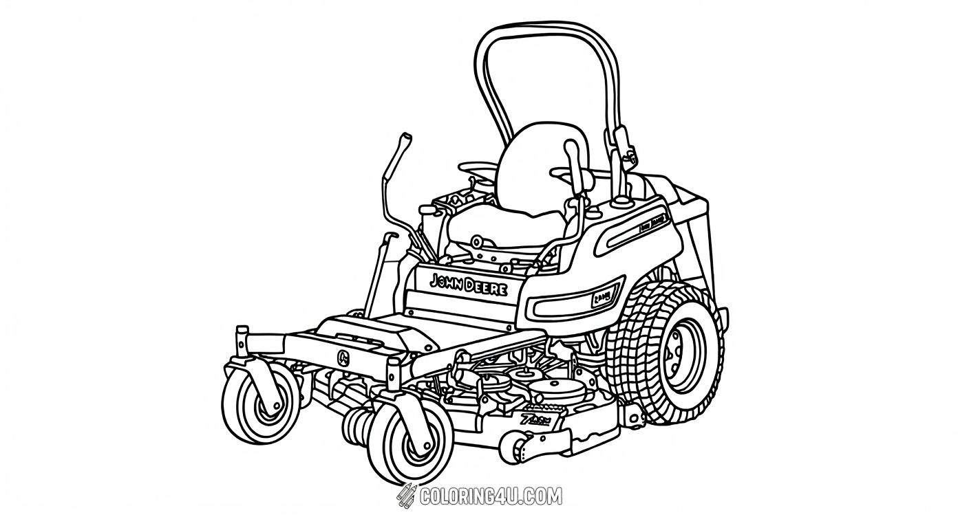 This fun coloring page displays a John Deere zero-turn lawn mower parked in front of a charming barn and silo. Perfect for children to color, this picture invites them to imagine taking care of a beautiful farm lawn, while adding vibrant colors to the mower and the scenic farmyard around it.