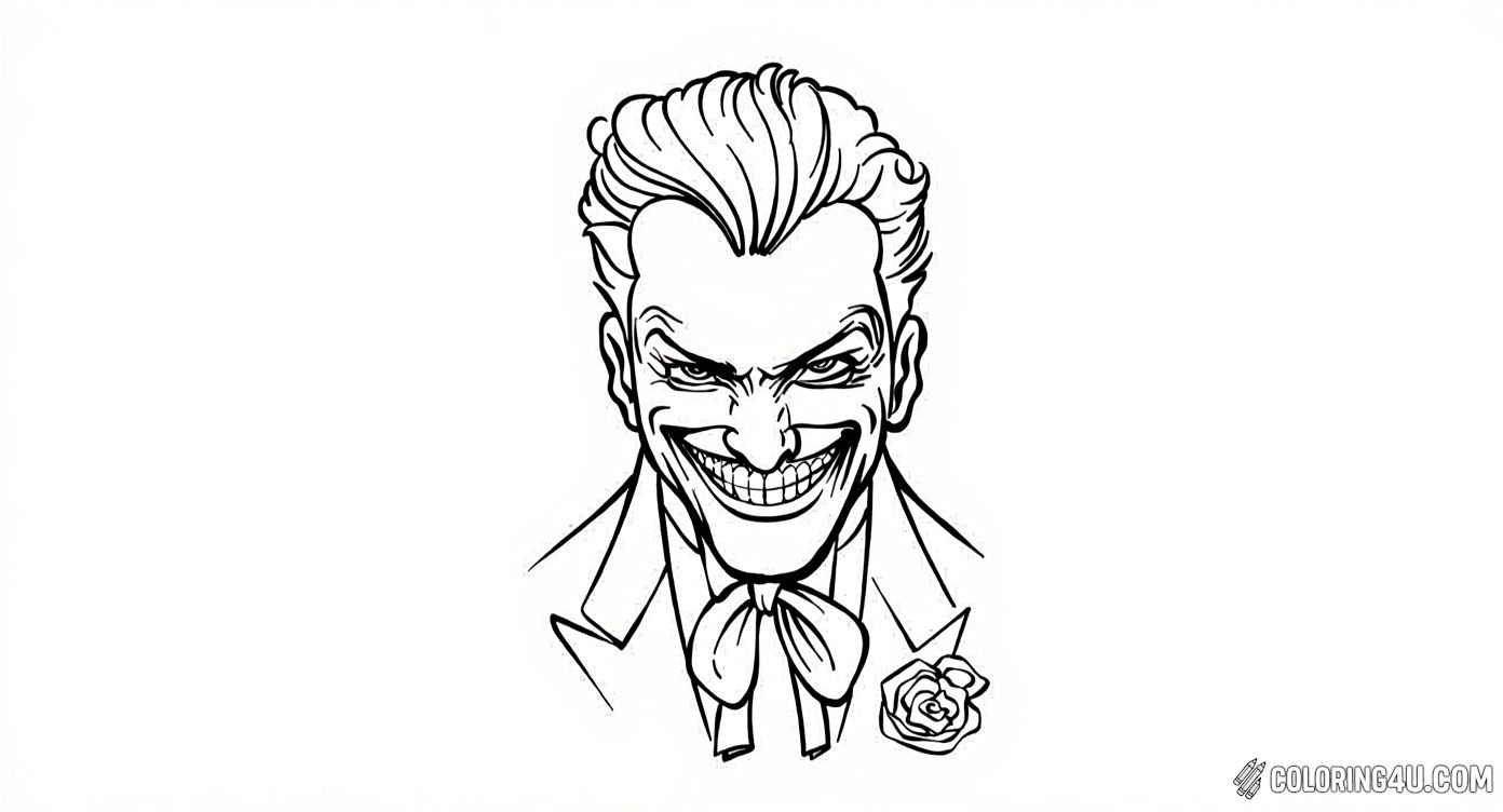 Get ready to add bright colors to this classic Joker face! With his big mischievous grin and sharp features, this coloring page brings the famous comic book villain to life. Kids will love coloring the detailed hair, bow tie, and the rose on his jacket as they explore their creativity with this exciting character.