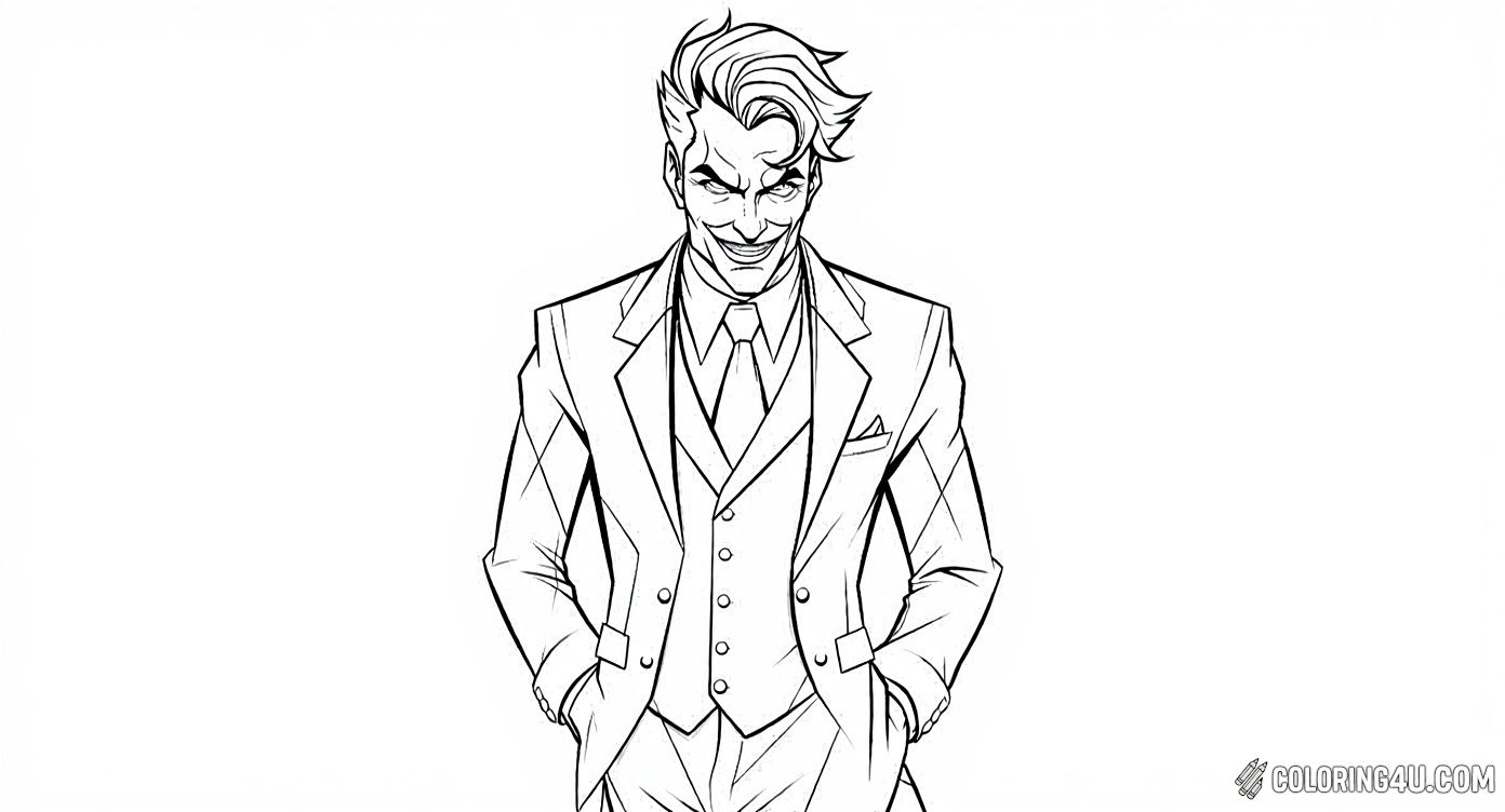Color in this cool and stylish Joker dressed in a sharp suit, hands in pockets and a sly smile on his face! This coloring page offers lots of details with his slick hairstyle, vest, and jacket that kids can have fun bringing to life with their favorite colors. Perfect for fans of comic book villains who love bold and confident characters.