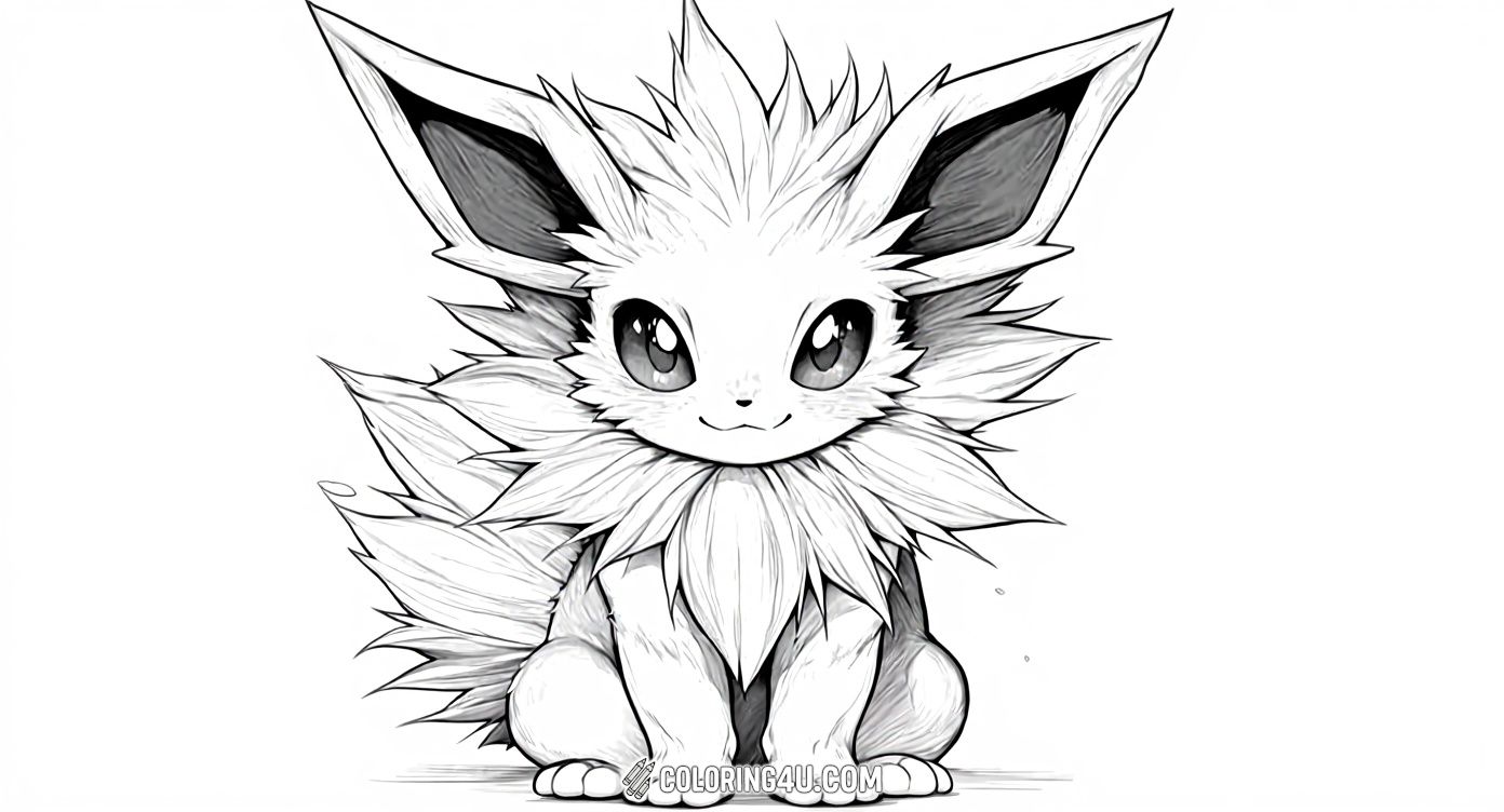 Here’s a beautifully detailed Jolteon sitting calmly with big sparkling eyes, inviting kids to explore shading and textures with their crayons or markers. This unique coloring page captures the fluffy fur and electric energy of this popular Pokémon.