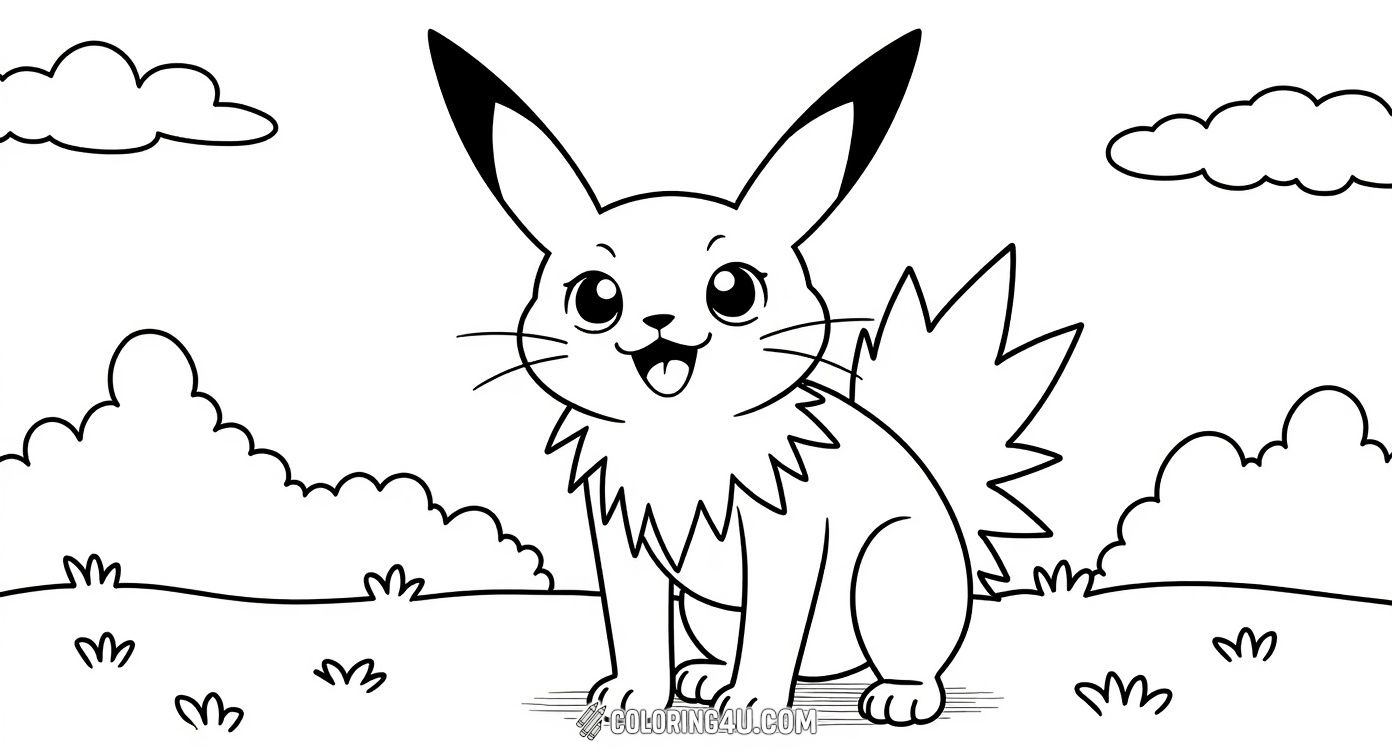 Enjoy a cheerful outdoor setting with this Jolteon coloring page! Jolteon is shown standing happily on a grassy hilltop under a bright sky with fluffy clouds, making it a delightful scene for kids. Get creative with colors to brighten up Jolteon's electric fur and the beautiful nature around it.