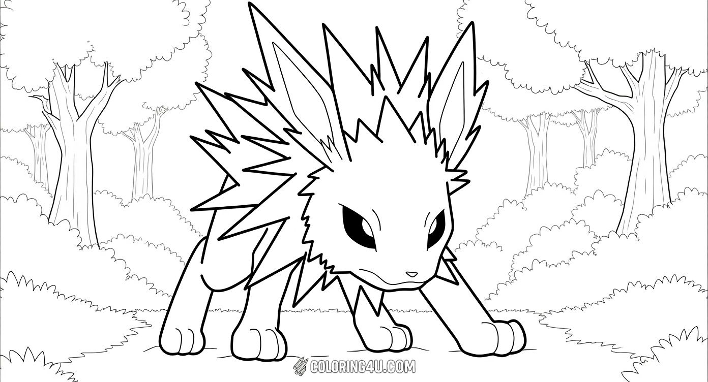 Dive into a thrilling scene with Jolteon in this detailed coloring page! Set in a lively forest background, this image shows Jolteon in an alert and energetic pose, perfect for kids who love adventure and nature. Add vibrant colors to the forest and Jolteon to create an exciting masterpiece!