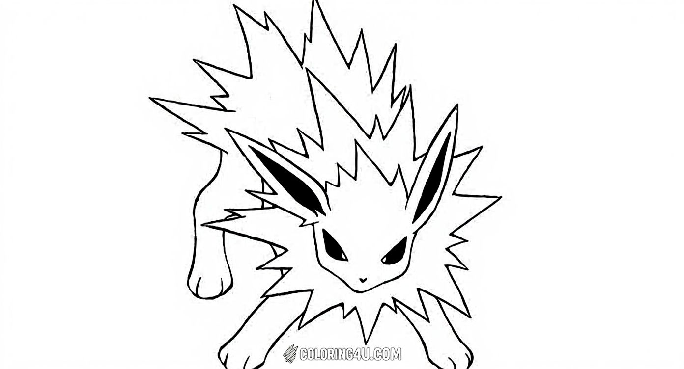 This energetic coloring page features Jolteon, the Electric-type Pokémon from the popular Pokémon series. Jolteon is shown ready to strike with its spiky fur and sharp eyes, making it perfect for kids who love exciting and dynamic characters to color.