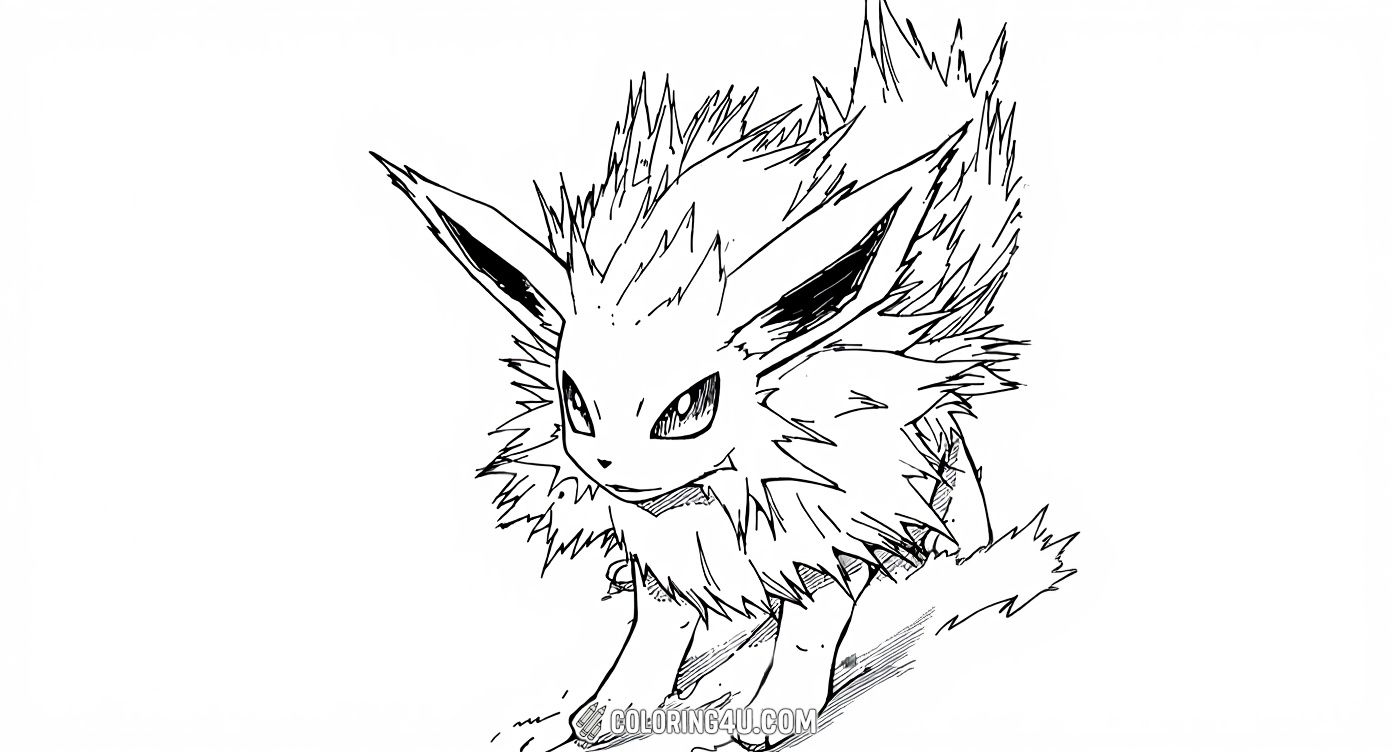 Get ready to bring Jolteon, the fierce Electric-type Pokémon, to life with this detailed coloring page. The image captures Jolteon in an action pose, surrounded by electric sparks, perfect for kids who enjoy coloring intricate designs and bold characters from the Pokémon world.