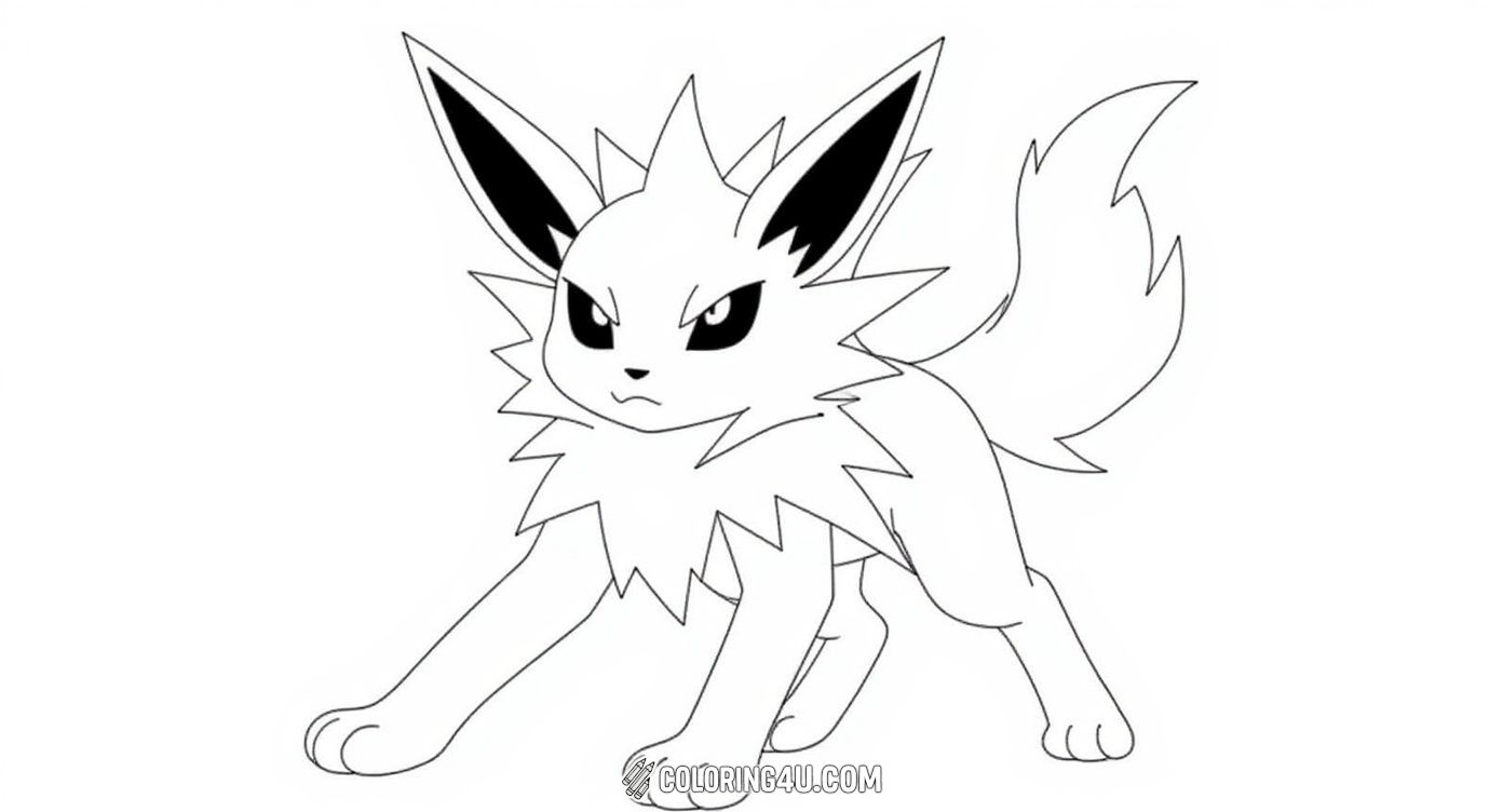 Get ready to color this fierce Jolteon striking a battle-ready pose! This dynamic outline features sharp electric spikes on Jolteon's body, perfect for kids who love action-packed Pokémon adventures and vivid, energetic coloring.