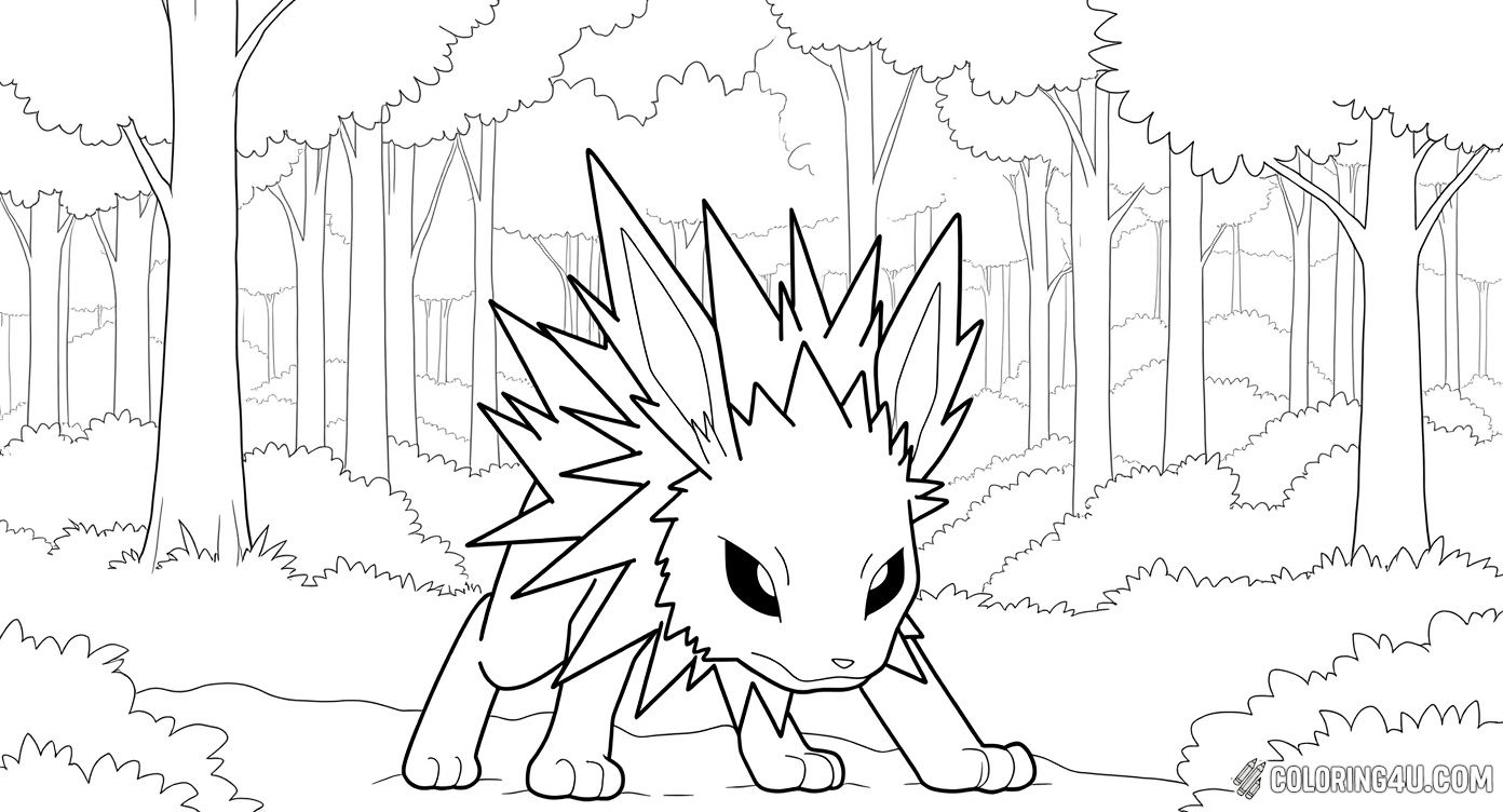 Get ready to color an adventurous Jolteon standing alert in a forest landscape! This detailed coloring page captures Jolteon's electric energy as it explores amidst trees and bushes, inviting kids to use a mix of vibrant greens, yellows, and browns to create a dynamic nature scene.