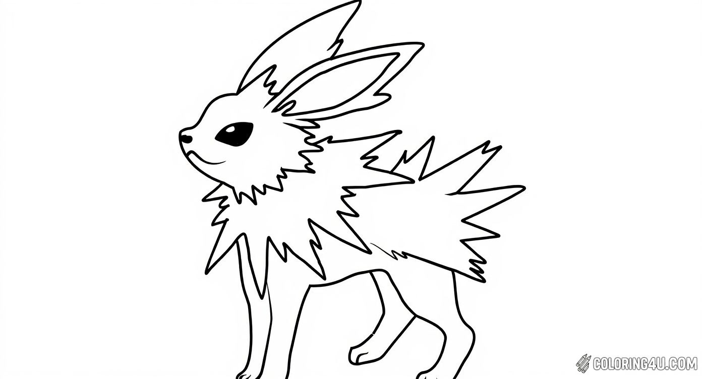 This exciting coloring page features Jolteon, a popular Electric-type Pokémon from the Pokémon series, shown in a side profile. Kids can have fun bringing this energetic and spiky Pokémon to life with bright yellows and flashes of electric blue as they fill in its sharp fur and cute face.