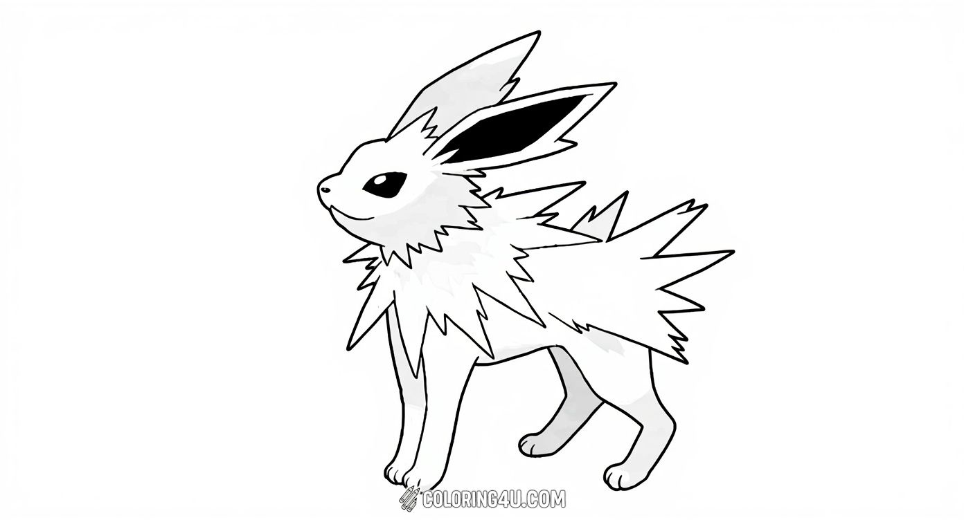 This charming coloring page shows Jolteon, the Electric-type Pokémon, standing proudly and confidently. With clear, bold lines and a friendly expression, this image invites kids to use their creativity to add bright colors and bring this beloved Pokémon to life.