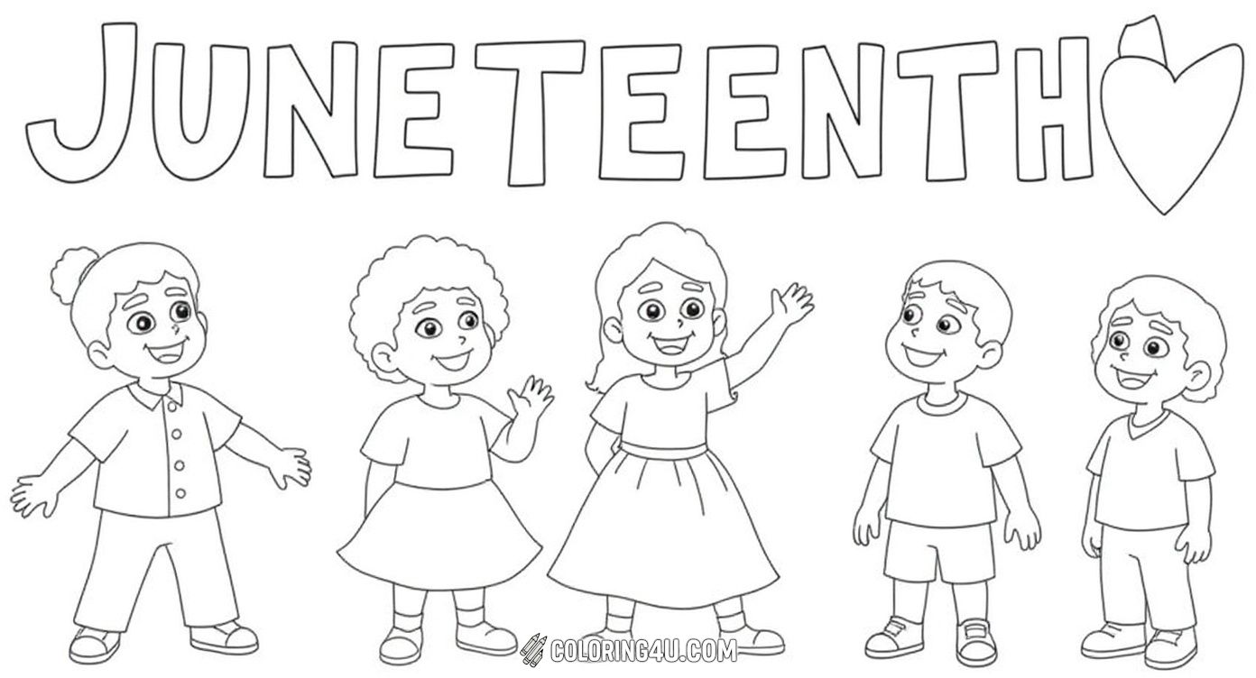 This joyful coloring page shows two happy children holding a 'Happy Juneteenth Day!' sign along with powerful symbols like raised fists, the Juneteenth flag, a dove with an olive branch, and the outline of Africa with broken chains. It's a fun way for kids to celebrate freedom and history while coloring meaningful icons.