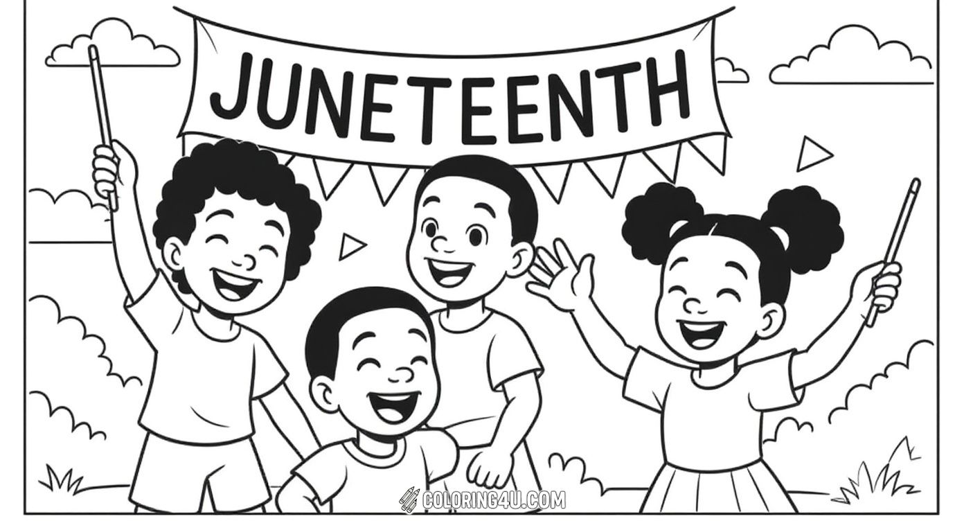 This joyful coloring page features four happy children celebrating Juneteenth under a banner that proudly reads 'JUNETEENTH.' One child waves a flag, while another holds a small party horn. Perfect for kids to color and enjoy the spirit of freedom and unity!