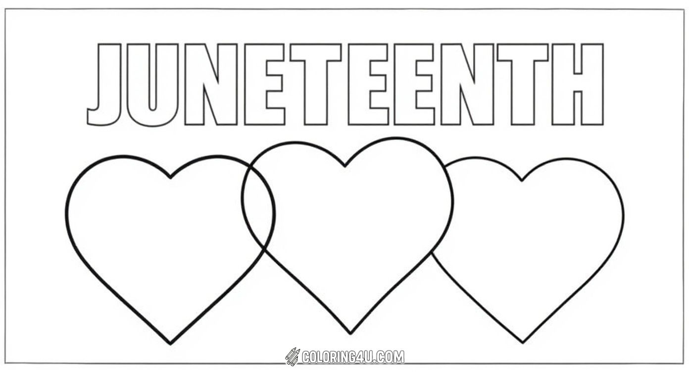Kids will love adding color to this simple yet meaningful Juneteenth page that showcases three large hearts beneath bold letters spelling 'JUNETEENTH.' Scattered stars and sparkles around the hearts make it a fun and festive activity to celebrate this important day.