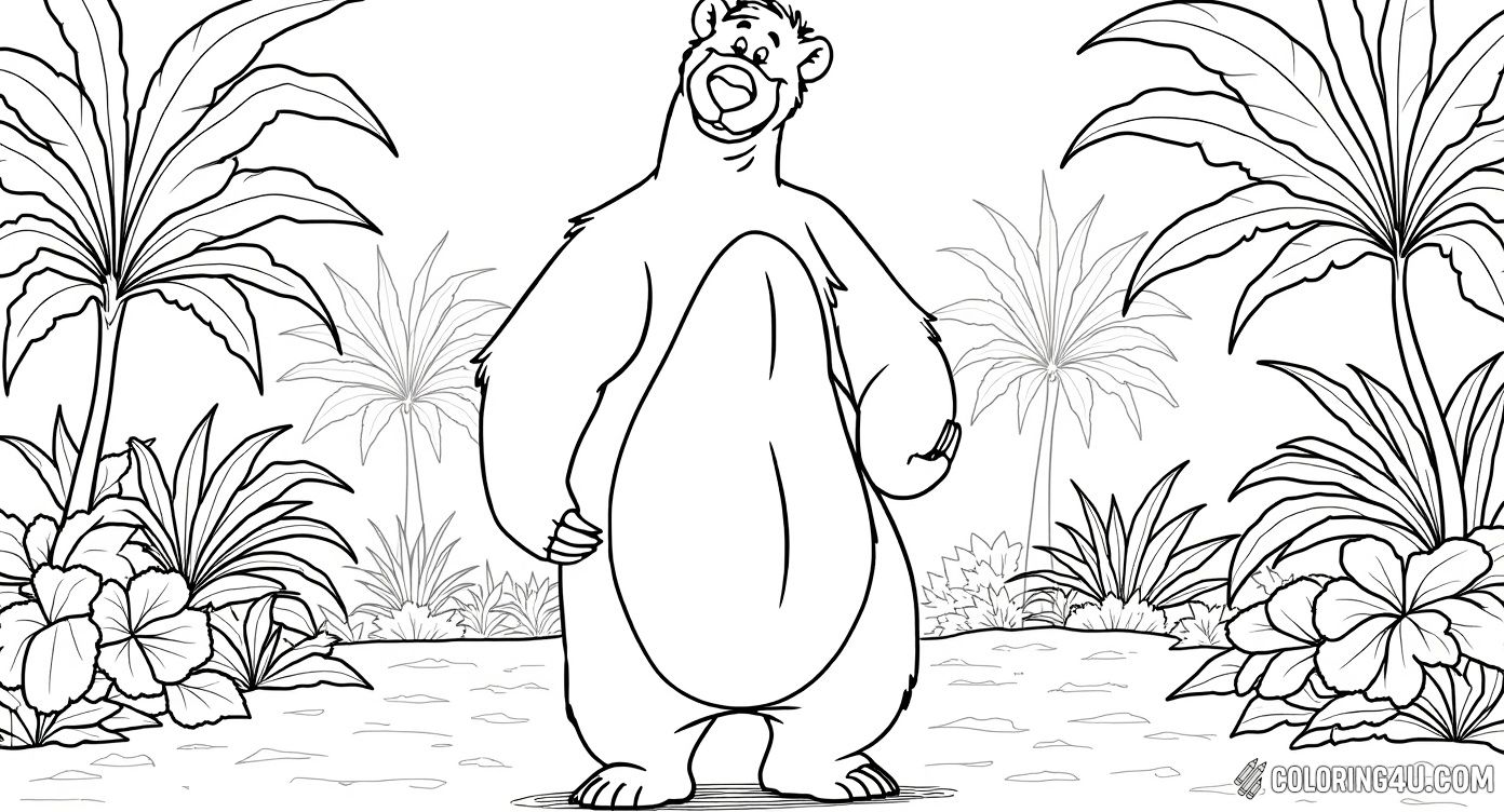 Here’s a fun and friendly coloring page of Baloo, the lovable bear from Disney’s The Jungle Book! With a big smile and welcoming pose, Baloo is ready for kids to add bright colors and bring his cheerful personality to life.