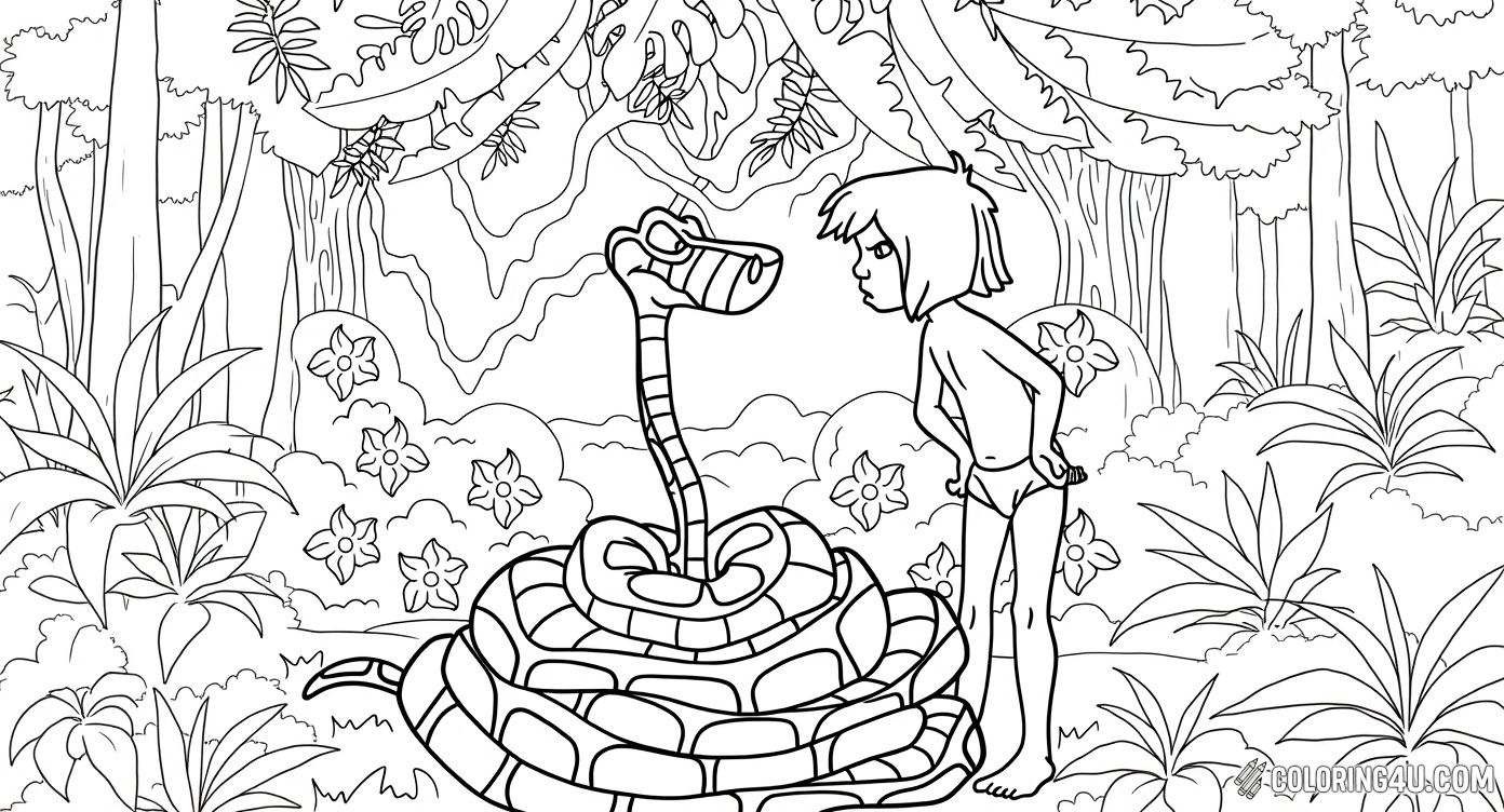 This delightful coloring page features Mowgli, the brave boy from The Jungle Book, standing face-to-face with Kaa, the large and hypnotic python. Surrounded by lush jungle foliage, this scene invites kids to bring vibrant colors to the mysterious and enchanting world of the jungle.