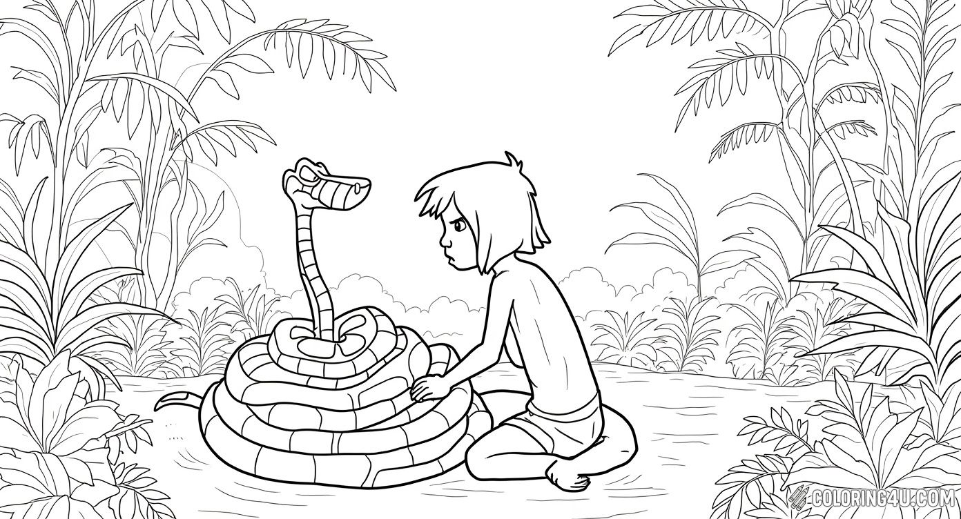 This fun coloring page features Mowgli, the brave jungle boy from The Jungle Book, standing confidently in front of Kaa, the wise and hypnotic snake. Surrounded by lush jungle foliage, kids can bring this adventurous scene to life with their own vibrant colors.