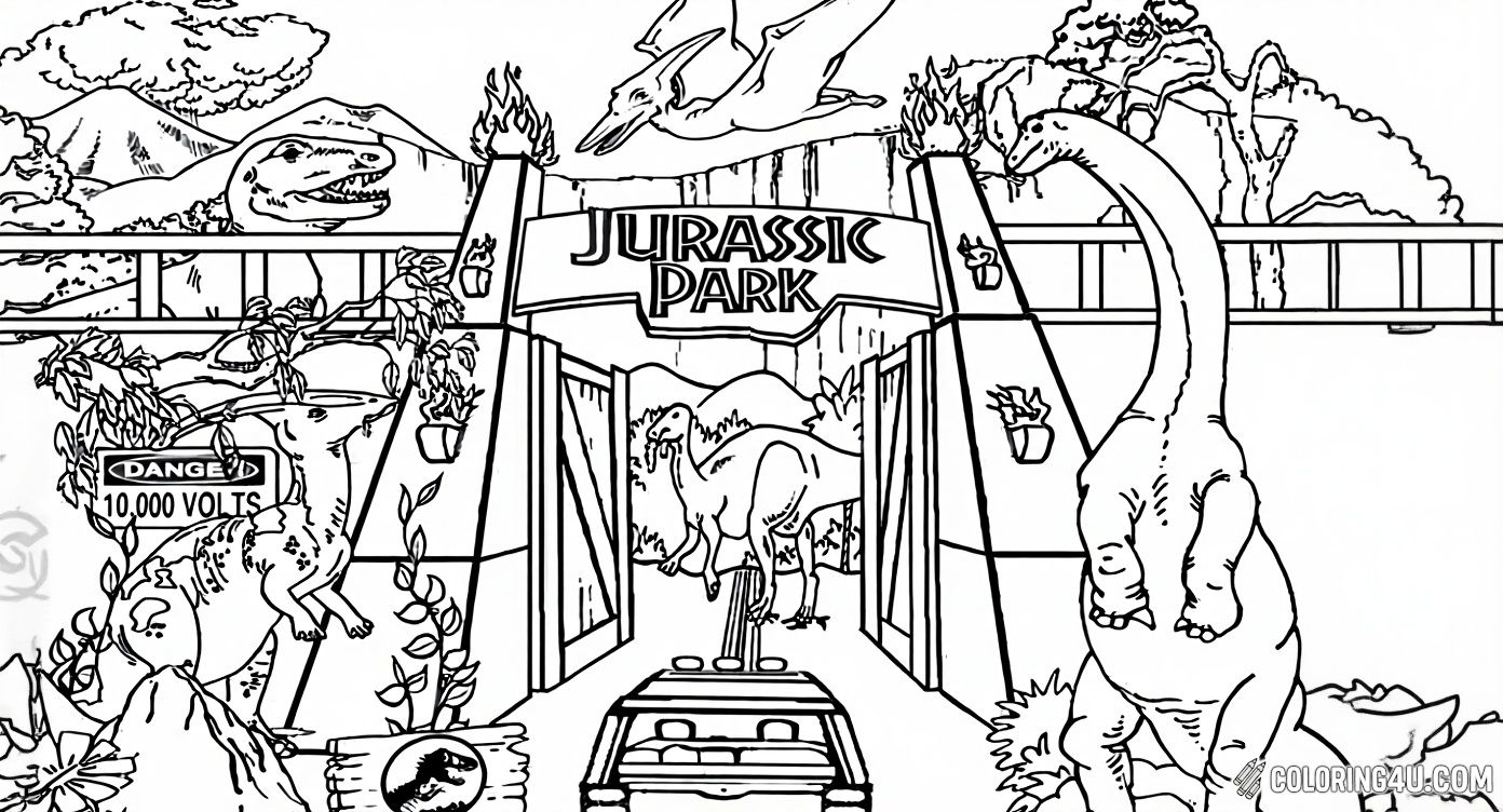 Join the Jurassic Park adventure with this detailed coloring page showing a variety of dinosaurs near the park's gate. From the long-necked Brachiosaurus to flying Pterosaurs and the electrified fence, kids can enjoy filling this exciting scene with vibrant colors while imagining the prehistoric world!