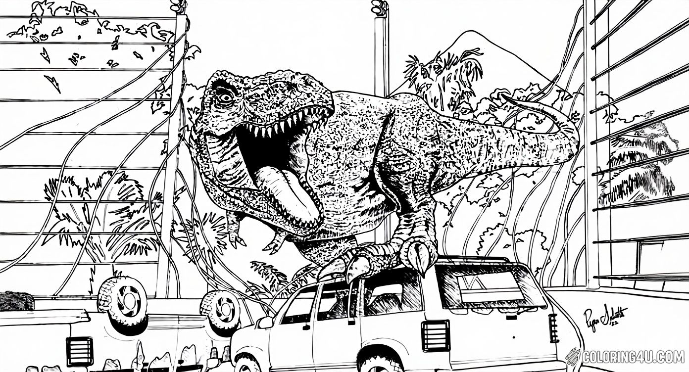 Get ready for an exciting coloring adventure with this dramatic scene featuring the fierce T-Rex from Jurassic Park! Watch as this mighty dinosaur roars while standing on a Jeep inside the park's electrified fence. Kids will love bringing this thrilling moment to life with their favorite colors!