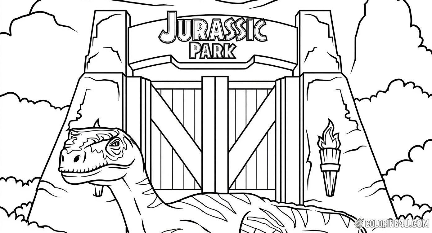 Color this awesome picture of a friendly Velociraptor standing proudly in front of the famous Jurassic Park gate. The large stone entrance and flaming torches create an adventurous vibe, perfect for kids to imagine themselves entering a world full of incredible dinosaurs!