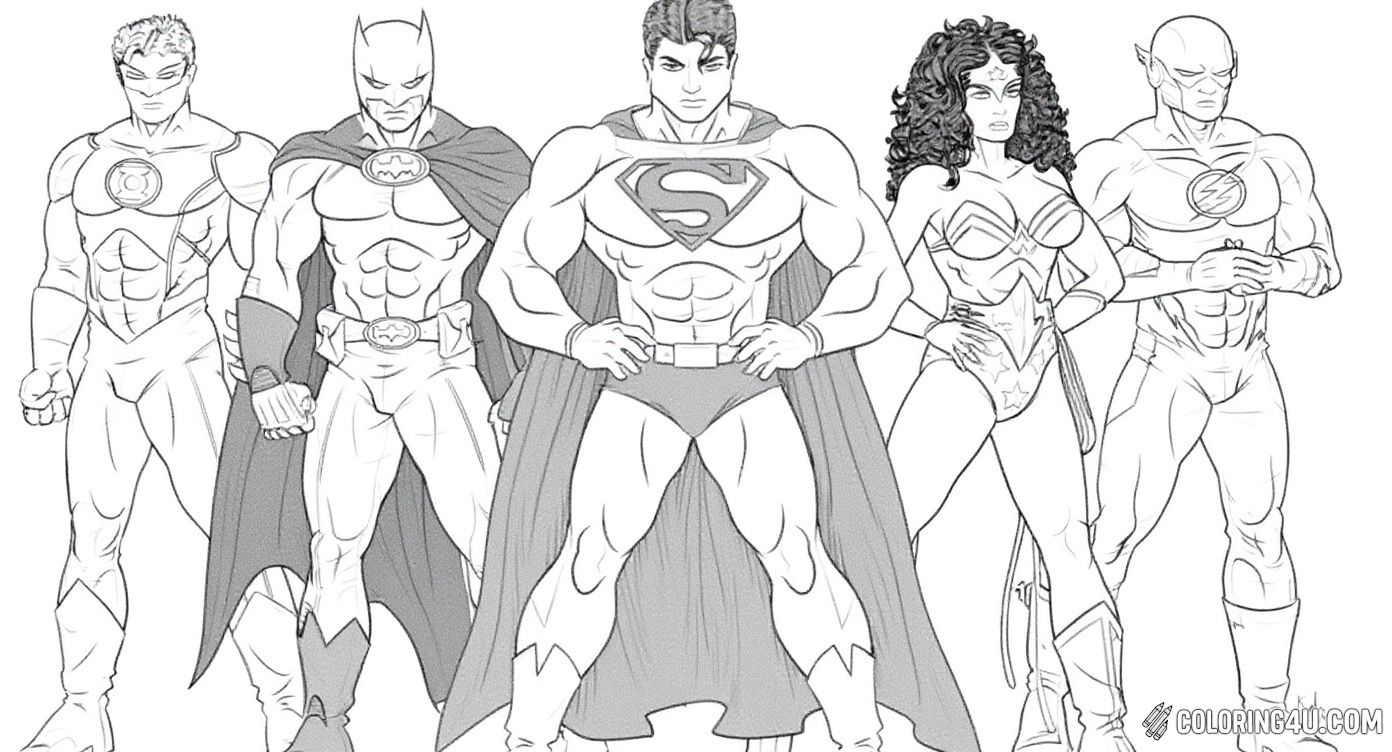 Get ready to color a classic lineup of the Justice League, featuring strong and fearless heroes including Batman, Superman, Wonder Woman, Green Lantern, and The Flash. Standing tall and proud, these superheroes are ready to defend justice and inspire courage. Kids will enjoy adding their own colorful touch to this team of legendary protectors.
