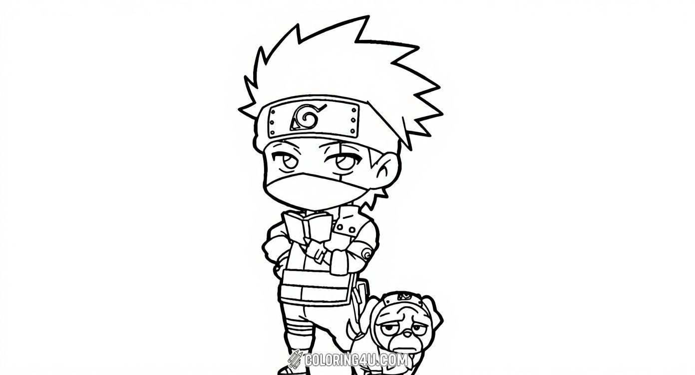 Here we have a cute chibi version of Kakashi Hatake from Naruto, standing with his adorable ninja pug. Kids will love coloring this fun and playful scene, adding vibrant colors to both the ninja and his little loyal companion.