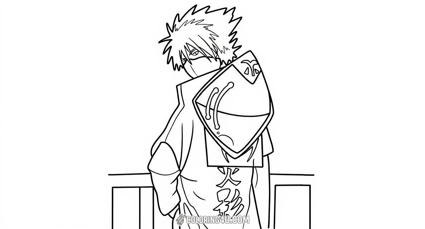 This coloring page shows Kakashi Hatake as the Sixth Hokage, wearing his iconic Hokage cloak and mask. Children can enjoy decorating this special moment from Naruto, coloring the cloak, hair, and the powerful expression on his face.
