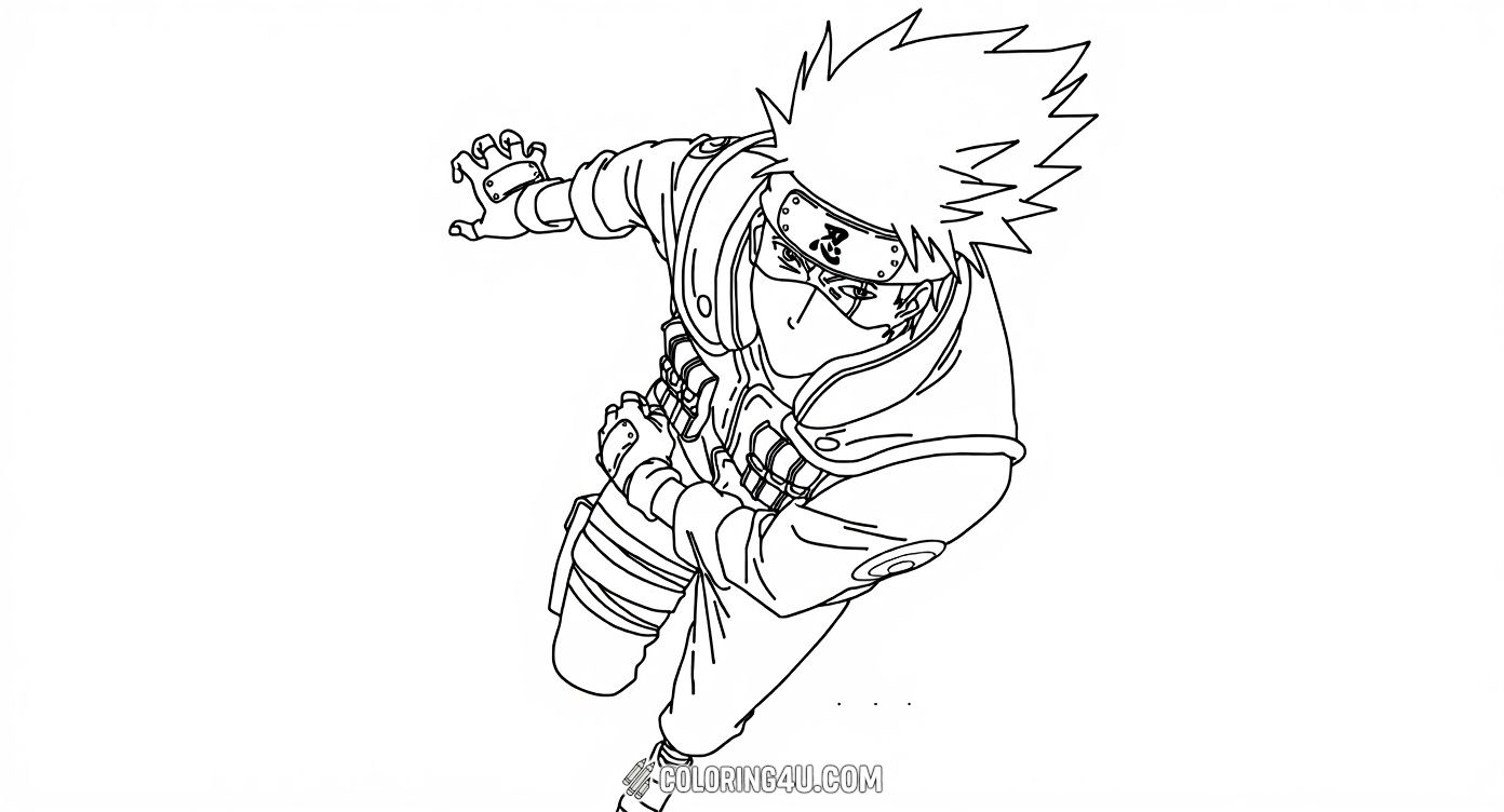 Get ready to color an exciting action pose of Kakashi Hatake from Naruto! This detailed page shows Kakashi in his ninja outfit, ready to leap into battle. Kids will enjoy bringing the dynamic ninja to life with their favorite colors.