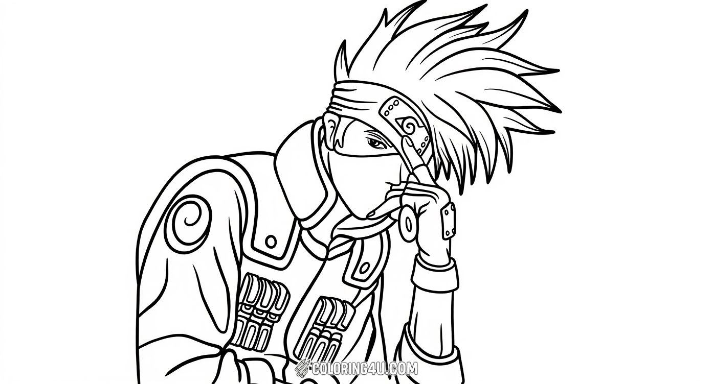 Bring to life this cool and thoughtful pose of Kakashi Hatake from Naruto! Sitting calmly with his signature headband and mask, Kakashi looks ready for his next mission. This simple yet detailed coloring page is perfect for kids who love ninjas and adventure.