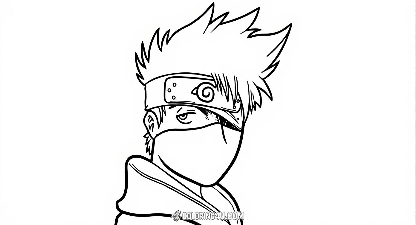 This cool coloring page features a close-up of Kakashi Hatake, a famous ninja from the Naruto series. Kids can have fun coloring his spiky hair, ninja headband, and masked face while imagining all his secret ninja adventures.
