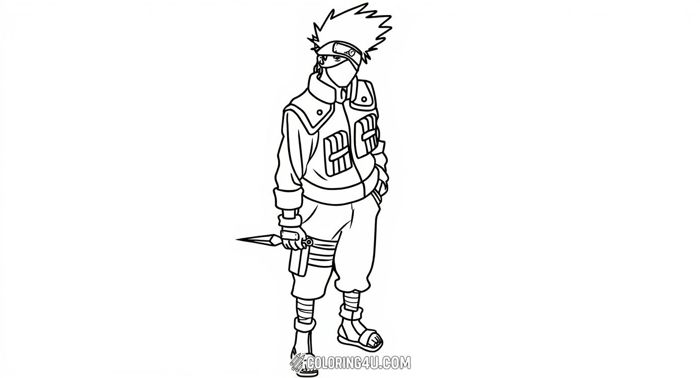 This coloring page features Kakashi Hatake, a skilled ninja from the popular anime Naruto, holding a shuriken with confidence. Kids can have fun coloring his ninja outfit, headband, and cool pose as they bring this brave character to life!