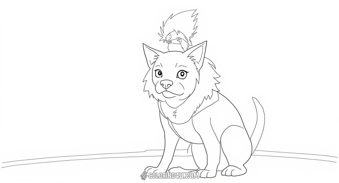 This charming coloring page shows Kakashi Hatake from Naruto walking away with his loyal ninja dog Pupa perched on his shoulder. Kids can enjoy coloring this special moment and adding creative colors to both the ninja and his furry friend.