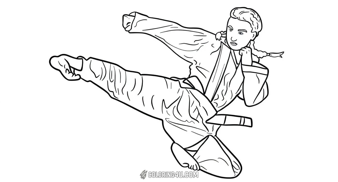 This empowering coloring page features a focused female karate fighter performing a high roundhouse kick. She is wearing a karate gi with a belt, and her braided hair adds a touch of determination and style. Kids can have fun coloring her and imagining the skills and strength she uses to master her martial arts moves.