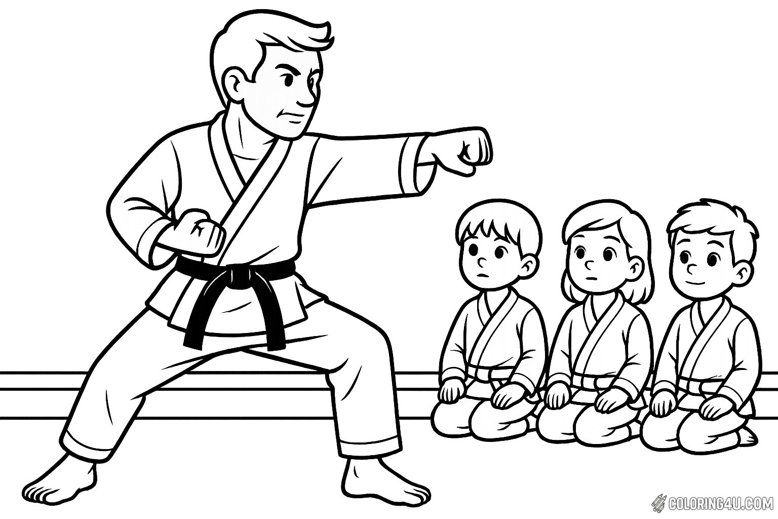 In a lively dojo, a karate instructor demonstrates a powerful punch, showcasing his skills to a group of eager children. The kids, dressed in traditional karate uniforms, sit cross-legged on the floor, their eyes wide with curiosity and excitement. This engaging scene invites young artists to bring the action to life with vibrant colors and imaginative details.