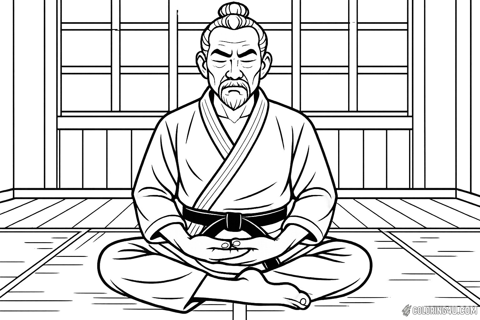 In a serene dojo, a wise karate master sits in deep meditation, embodying tranquility and focus. Dressed in a traditional gi, his eyes are closed, and his hands rest gently in his lap. The wooden floor and sliding doors create a peaceful atmosphere, perfect for kids to explore their creativity and bring this calming scene to life with vibrant colors.