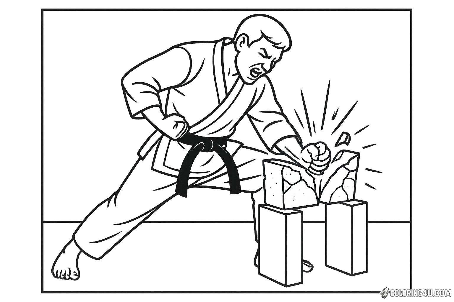 A determined karateka in a crisp white gi and black belt is captured mid-action, striking a concrete block with fierce intensity. The block is cracking under the force of his punch, sending shards flying. This dynamic scene showcases strength and focus, perfect for kids to color and imagine the power of martial arts in action.