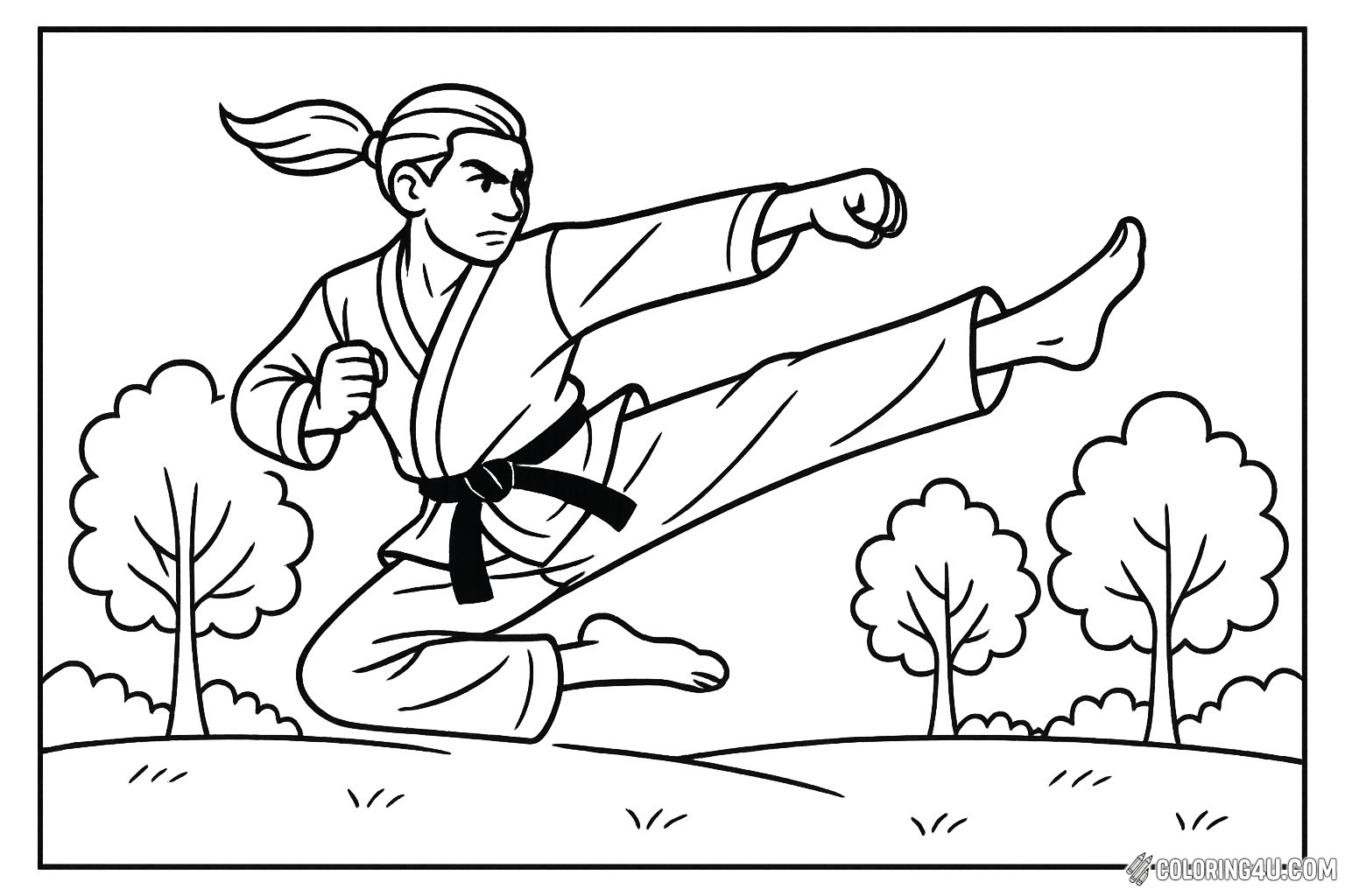 A skilled karateka leaps into action, performing a powerful flying kick. Dressed in a traditional gi with a black belt, his determined expression shows focus and strength. Surrounding him are lush trees, creating a vibrant outdoor setting. This dynamic scene invites kids to bring the karateka to life with their favorite colors, inspiring creativity and excitement.