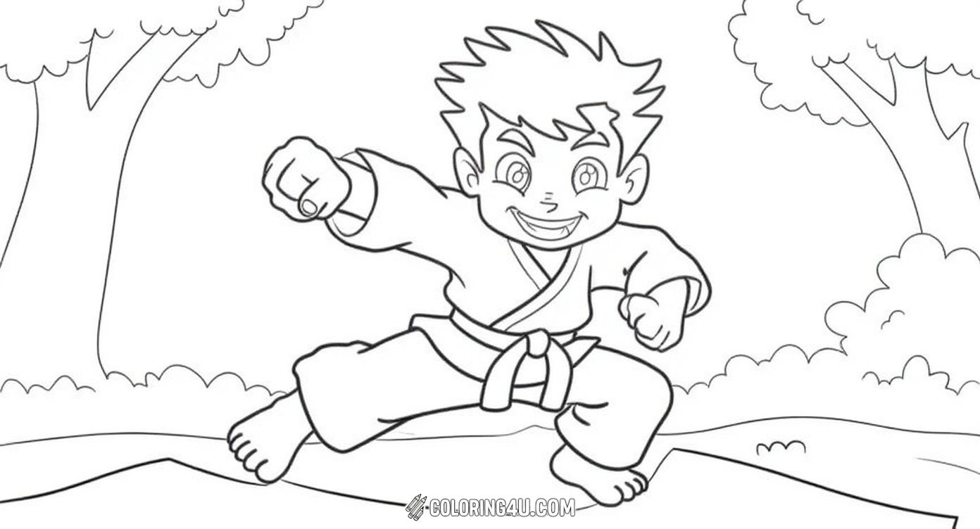 This fun coloring page features a young karate kid with a big smile, dressed in a karate gi, jumping with his fists raised ready for action. The background shows trees and bushes, making it a perfect scene for kids to bring to life with colors while imagining their own martial arts adventure.