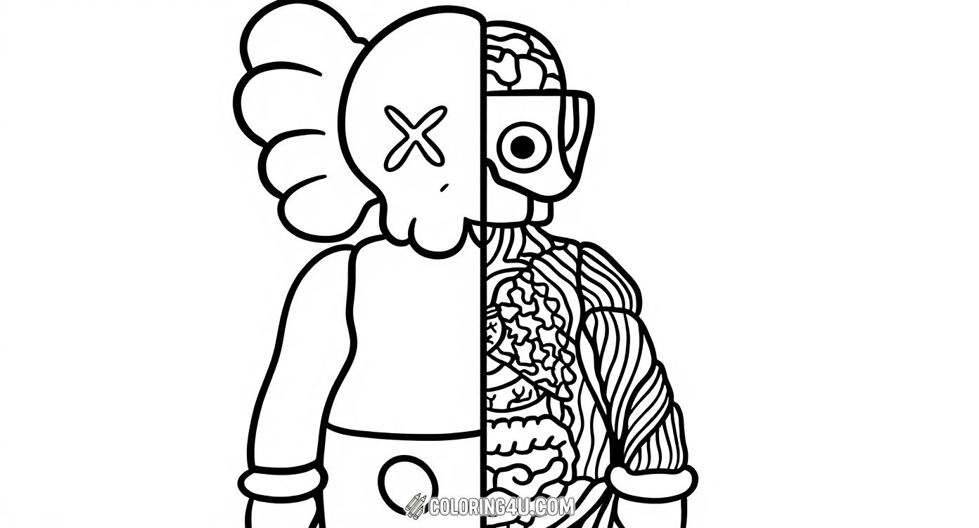 This exciting coloring page shows a Kaws character split in half: one side is the classic cartoon figure, and the other reveals a detailed anatomical view with muscles and organs. Surrounding the figure are floating dollar bills and gems, making it a fun and imaginative page for kids to explore colors and creativity.
