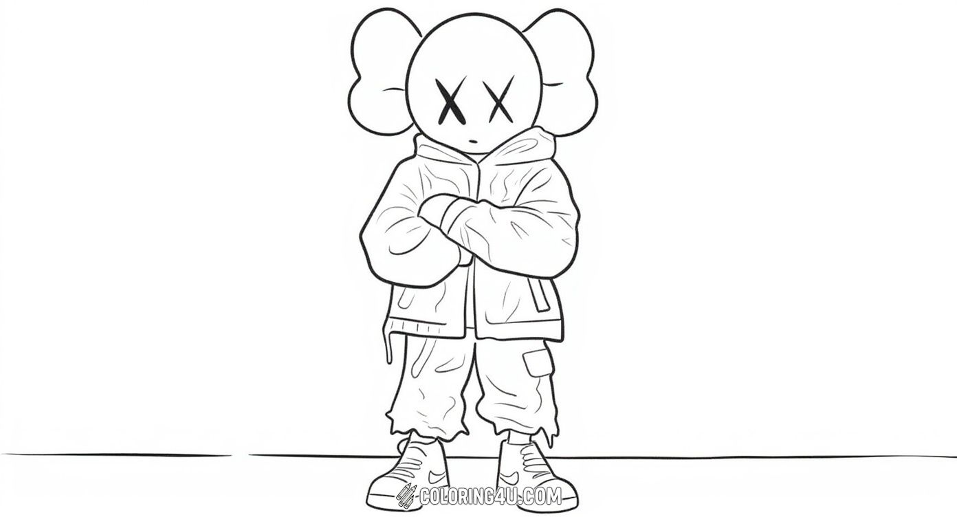 Get ready to color a cool Kaws figure dressed in a casual hoodie and cargo pants, standing confidently with arms crossed. This image is perfect for kids who love street style and want to add their favorite colors to this trendy, urban-inspired character against a backdrop of floating bubbles.