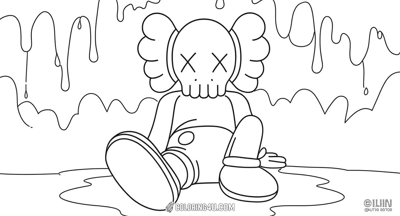 This fun coloring page features a Kaws character sitting with its iconic crossed-out eyes and cartoon-style gloves and shoes. The background has a cool dripping effect that invites kids to use lots of bright colors and get creative while bringing this unique character to life.