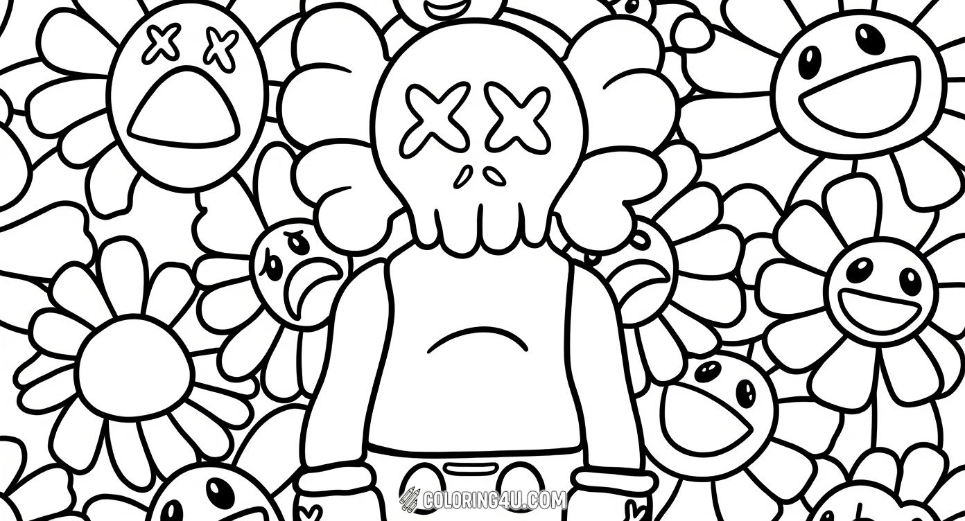 This coloring page features a character with a skull-like head and crossed-out eyes standing proudly among a garden of cheerful, smiling flowers. Kids can enjoy bringing this playful scene to life with bright colors and happy expressions all around!