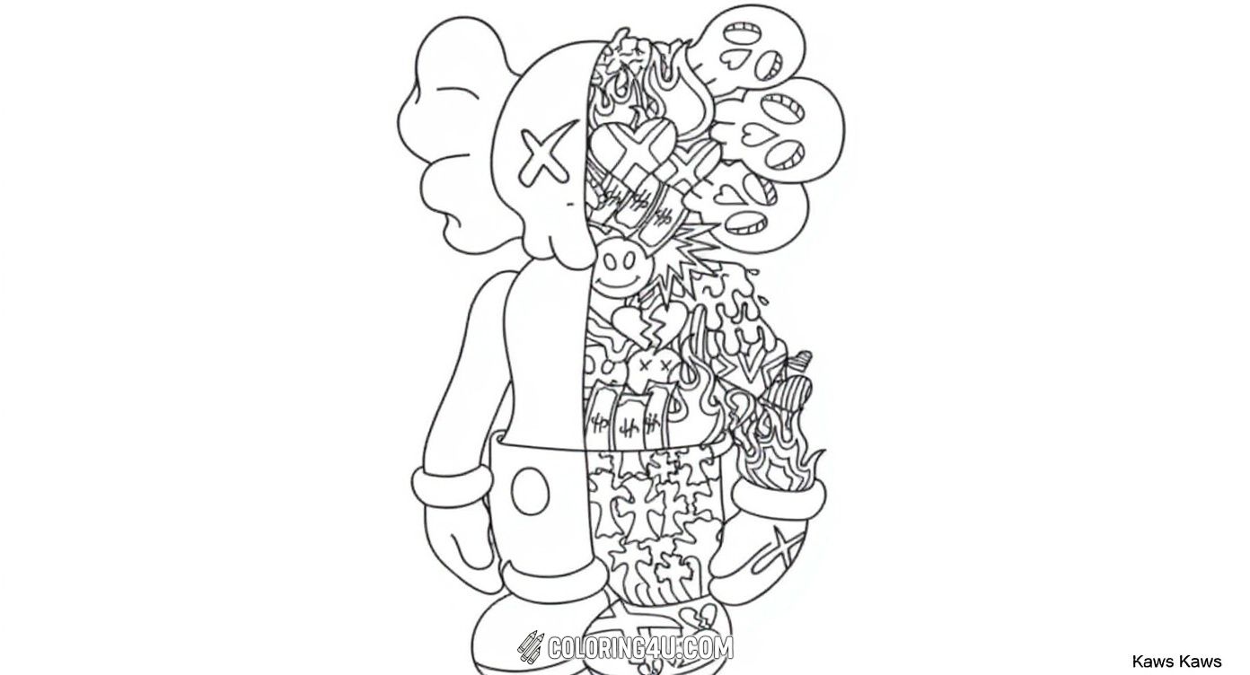 In this detailed coloring page, one half of the character shows a classic outline with a fun and simple design, while the other half is filled with an intricate pattern of skulls, hearts, flames, and puzzle pieces. Kids will have a blast adding vibrant colors and exploring the mix of simple and complex artwork.