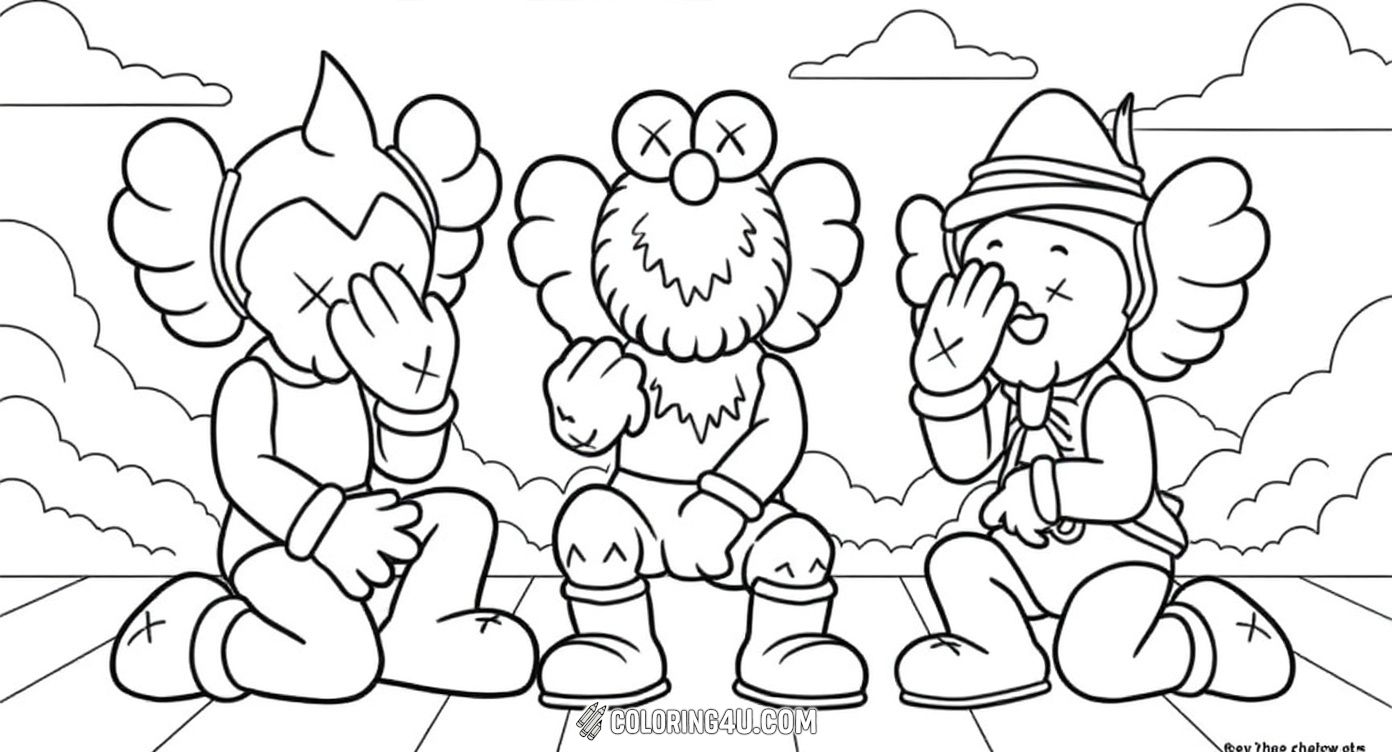 This adorable coloring page shows three friendly characters posing with playful gestures: one covering the eyes, another the ears, and the last one hugging himself in a shy way. Set against a peaceful sky filled with fluffy clouds, this scene invites kids to color and imagine the fun friendship between these unique friends.