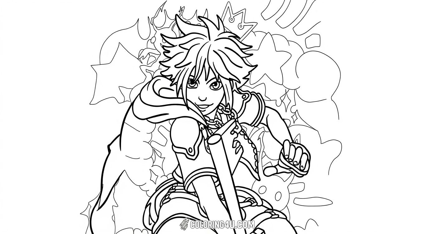 Get ready to bring Sora to life in this exciting Kingdom Hearts coloring page! Sora, the brave hero wielding his Keyblade, is captured in a dynamic action pose surrounded by fun shapes and symbols. Kids will love adding vibrant colors to this adventurous scene and making their favorite character stand out.
