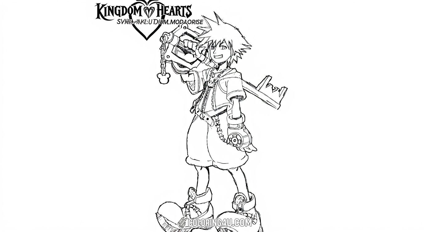 This awesome pencil sketch of Sora from Kingdom Hearts shows him confidently holding his signature Keyblade. Kids can enjoy coloring in all the cool details of Sora’s outfit and big shoes, inspiring their creativity while celebrating their favorite game hero. Perfect for those who love intricate designs and fantasy adventures!