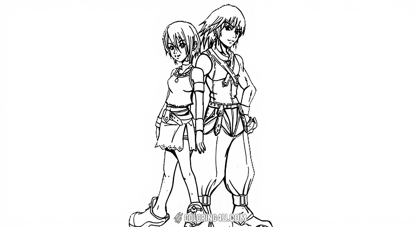 Color the adventurous duo Xion and Raiku from Kingdom Hearts as they stand back-to-back ready for action! This coloring page features two cool characters with confident expressions and detailed clothing, inviting kids to explore vivid color combinations. It’s a fantastic way for fans to dive into the world of Kingdom Hearts and bring these friends to life.