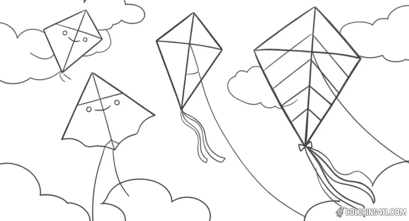 In this fun and cheerful coloring image, kids can bring to life a lively scene of four different kites flying high against a backdrop of fluffy clouds. With smiling faces and playful shapes, these friendly kites invite children to use their creativity to color a joyful kite-flying day.