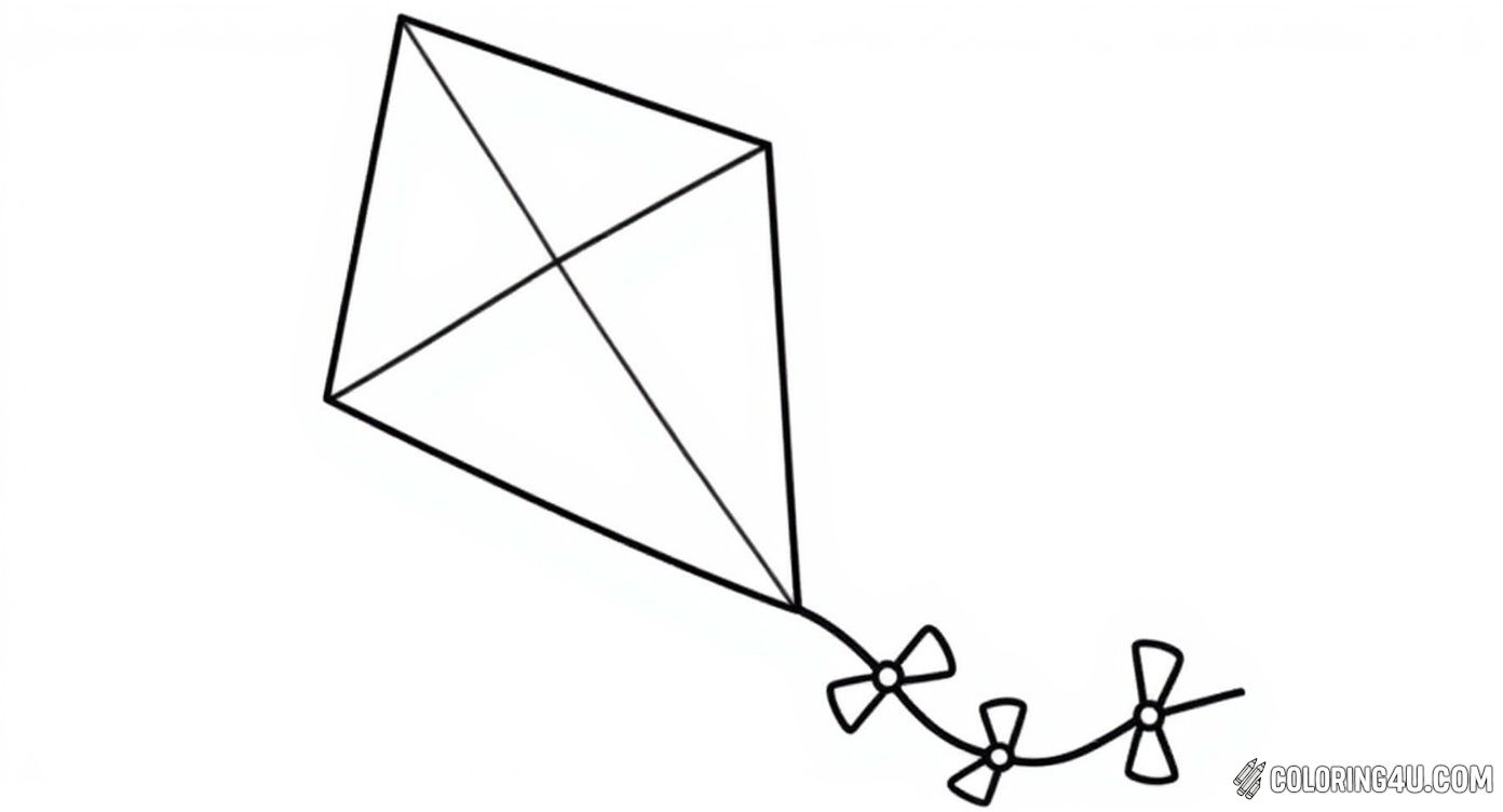 This delightful coloring page features a classic diamond-shaped kite with four cute bows decorating its tail. Kids will love adding their favorite bright colors to this simple and charming kite design as it soars through the sky.