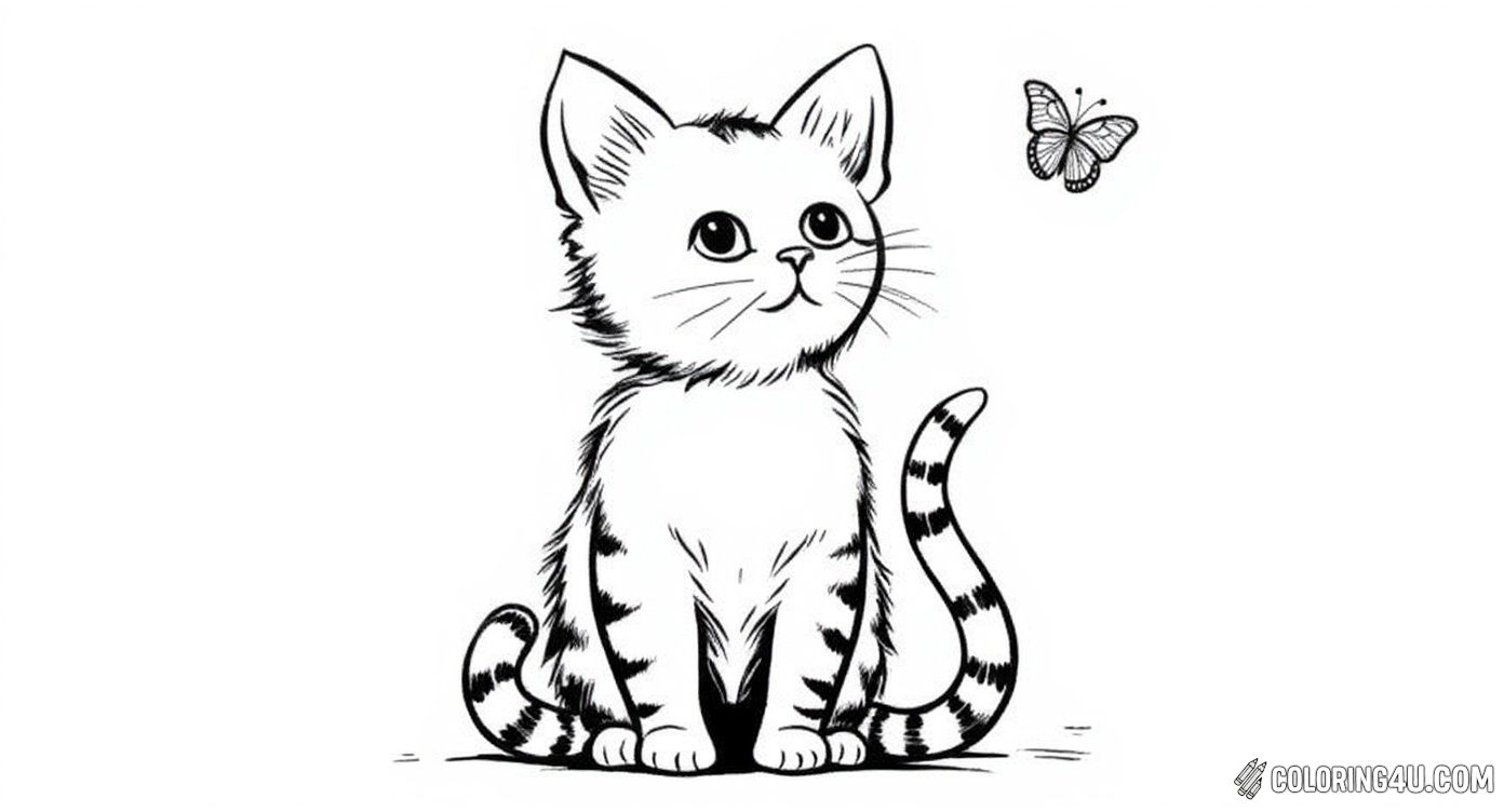 Get ready to color a curious little kitten sitting and looking up with wonder at a delicate butterfly fluttering above. This charming coloring page invites kids to imagine a playful moment between the kitten and butterfly as they add beautiful colors.