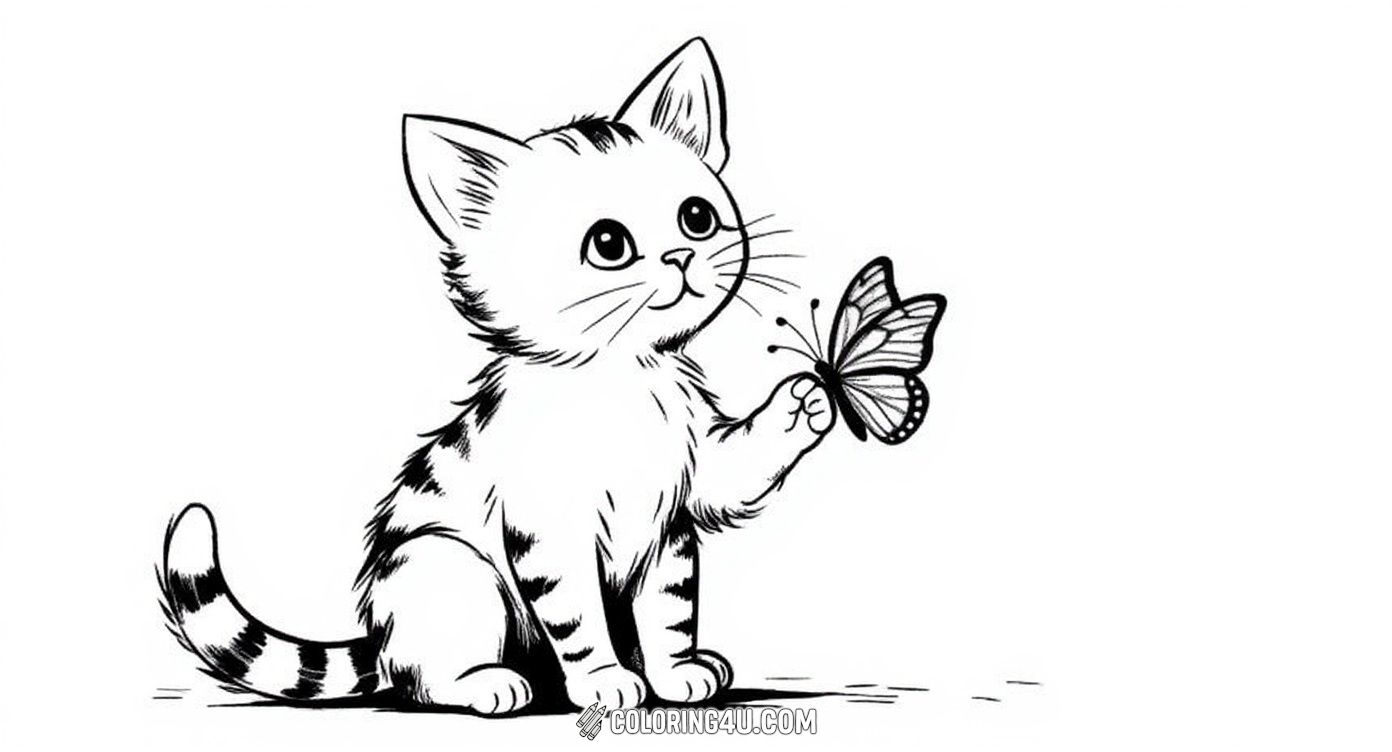 This adorable coloring page features a curious little kitten sitting and looking up with wide, fascinated eyes at a fluttering butterfly. The kitten’s stripes and fluffy fur offer fun details to color, inviting kids to bring this sweet moment to life with their imagination.