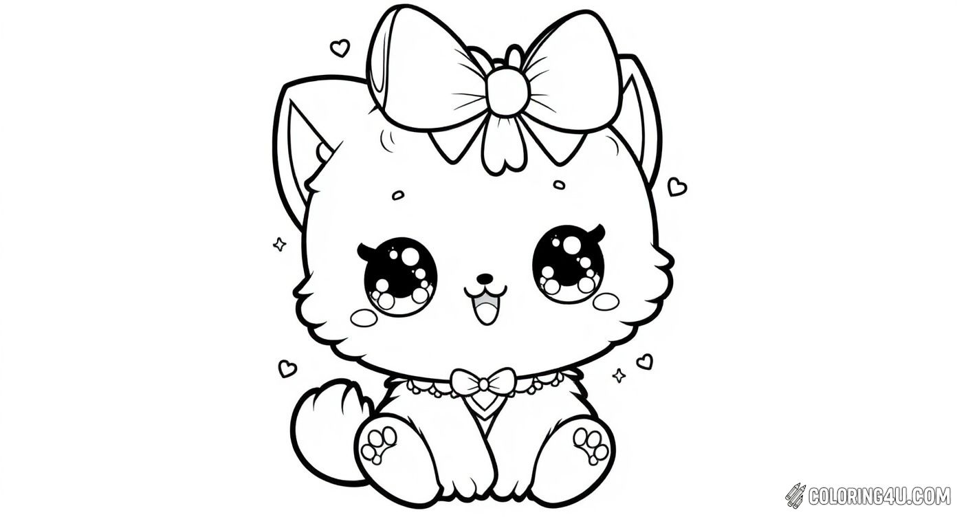 This adorable kitten coloring page features a charming little kitty with big sparkly eyes and a cute bow on its head. Surrounded by tiny hearts, this playful kitten is ready for you to add your favorite colors and bring it to life!